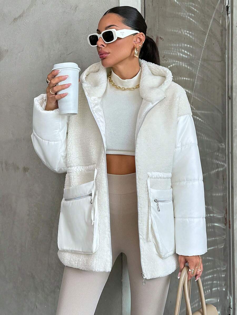 EURMUSE Plus Women's Coat Made Of Fluffy Fabric And Padding With A Fitted Design, Fabric Patchwork, Adjustable Waist, Side Pockets With Zipper, Hood - White - View 1