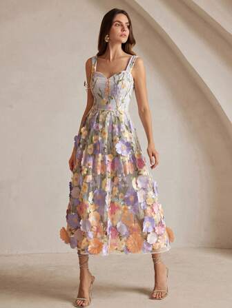 Anewsta Elegant 3D Floral Embroidered Mid-Length Slip Dress For Women Maxi Women Outfit