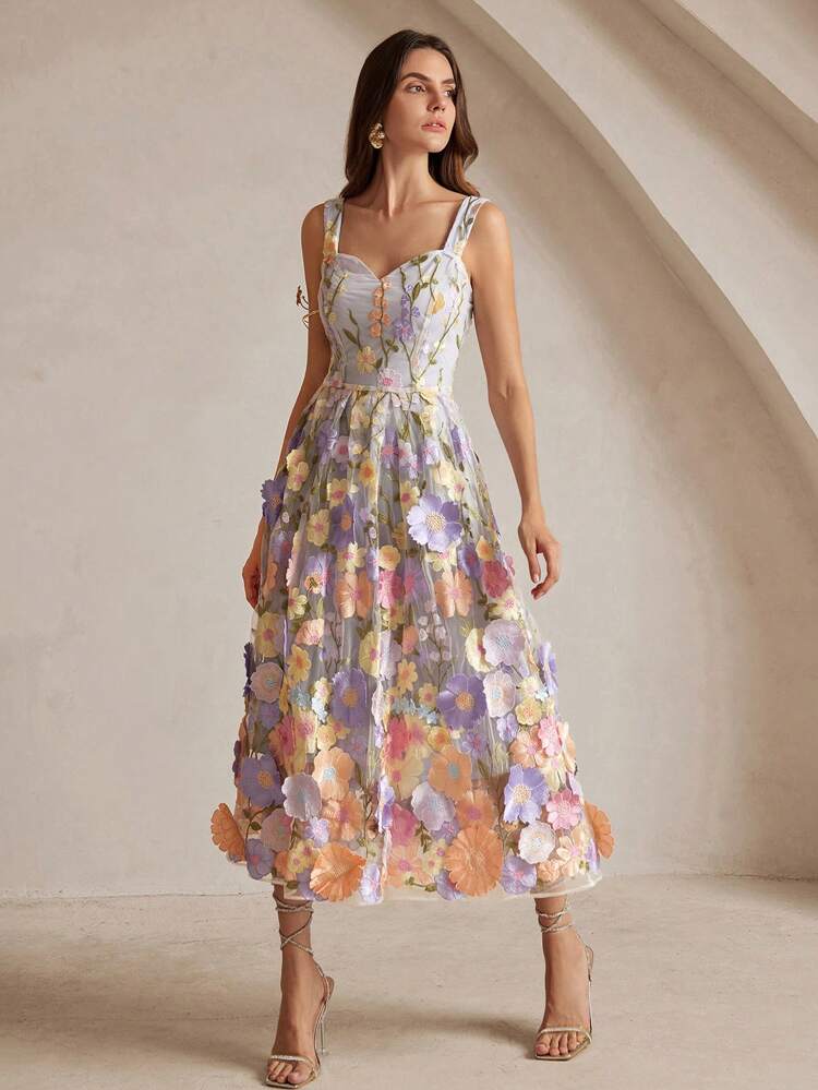 Abito di lusso ricamato con fiori, elegante abito da festa per donna, outfit primaverile, abito da ospite di matrimonio