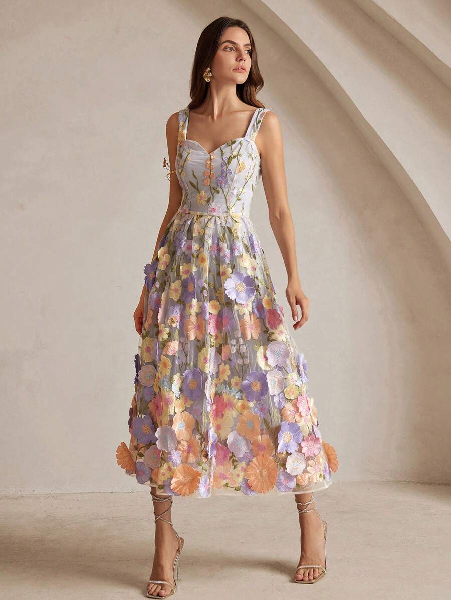 Anewsta Elegant 3D Floral Embroidered Mid-Length Slip Dress For Women Maxi Women Outfit