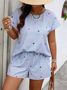 Calvaya Plus Size Women's Colorful Heart Print Striped Short Sleeve Top And Shorts 2pcs Set, Valentine, For Summer