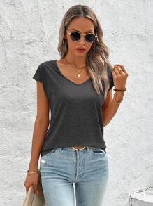 SHEIN LUNE Camiseta de manga con volantes y espalda descubierta con cuello en V de unicolor, para primavera y verano - Gris Oscuro - Ver 3