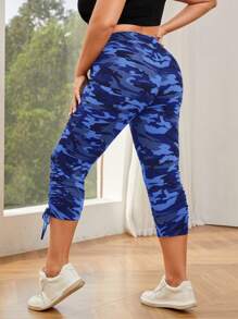 SHEIN Essnce 大码女式夏季休闲运动紧身裤、打底裤、七分裤、迷彩裤、迷彩裤、休闲裤 - 藍色 - 查看 3