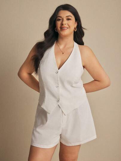 Elaquor 大码女式纯色简约无袖背心和短裤 2 件套