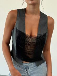 Aloruh Nueva camiseta ajustada con escote en V profundo, espalda descubierta y decoración de tirantes de PU - Negro - Ver 6