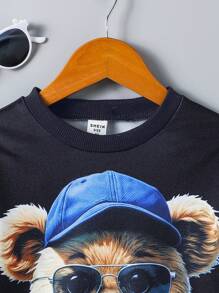 2pcs Young Boys Cute Bear Print Pullover Hoodie And Shorts Set, For School, Outdoor, Holiday, Casual Wear, Spring & Fall - Black - View 5