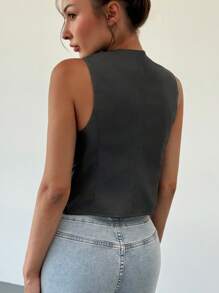 Aloruh Nueva camiseta ajustada con escote en V profundo, espalda descubierta y decoración de tirantes de PU - Negro - Ver 2
