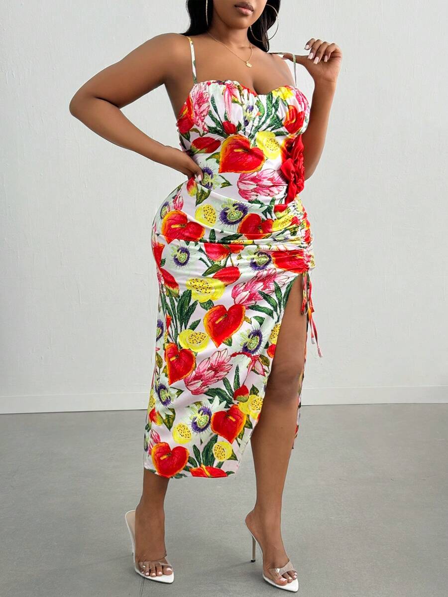 Flora Carnival Plus Size Designer Floral Printed High Split Dress With