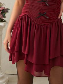 L'Amorae Women's Lace And Chiffon Dress With Ruching, Tiers, And Bows
