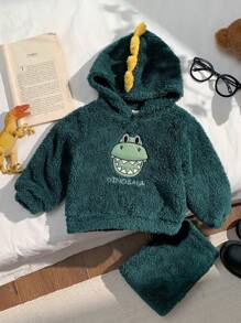 SHEIN 2 件套男婴秋冬保暖蓬松卡通恐龙图案恐龙角连帽衫和松紧腰运动裤套装，适合户外、家居和万圣节服装 - 彩色 - 查看 4
