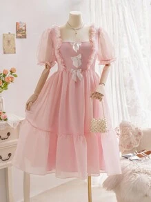 Soleia Plus Size Women's Holiday Pink Romantic Sheer Organza Puff Sleeve Dress With Ruffle Collar And Ruffle Hem A-Line - Pink - View 2