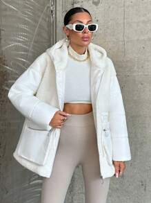 EURMUSE Plus Women's Coat Made Of Fluffy Fabric And Padding With A Fitted Design, Fabric Patchwork, Adjustable Waist, Side Pockets With Zipper, Hood - White - View 5