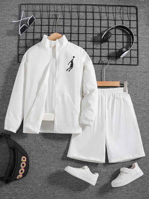 SHEIN 2 pièces Ensemble veste décontractée et short pour garçons pré-adolescents, tissu tissé, automne