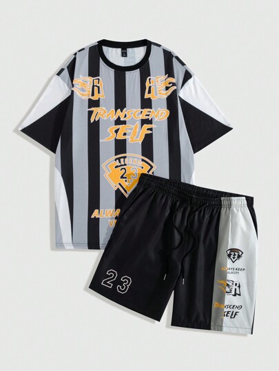 ROMWE Avant 2 piezas Conjunto de camiseta y pantalones cortos de verano casuales para hombres con estampado de letras de color a contraste y rayas