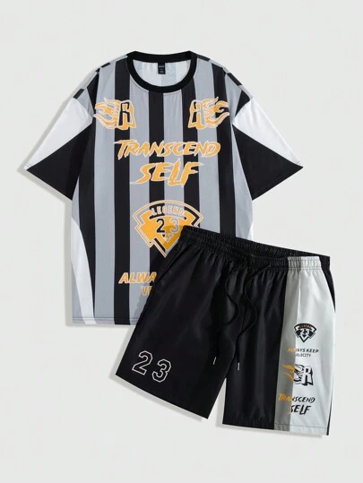 ROMWE MEN ROMWE Avant 2 件套男士夏季休闲撞色条纹字母印花 T 恤和短裤套装
