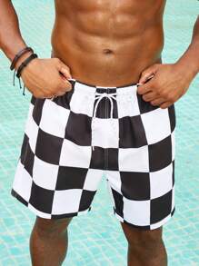 Manfinity Plus Size Men's Plaid Lace-Up Pocket Beach Shorts, Casual & Holiday