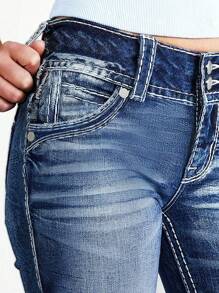 Elegant High Waist Stretch Flared Jeans - Women's Vintage Washed Bootcut Denim Pants, Classic Retro 70s Style, Comfortable Skinny Fit Casual Trousers - 深色水洗藍 - 查看 5