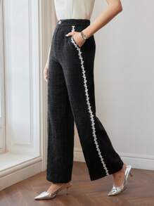 MOTF PREMIUM TWEED FLORAL LACE TRIM SEAM FRONT SUIT PANTS - Black and White - View 4