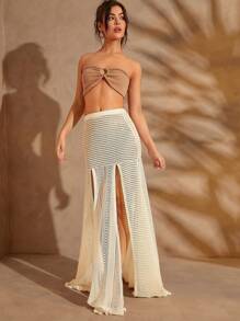 SHEIN Unity Crochet Slit Maxi Skirt With Tassel & Chain Trim - White - View 5
