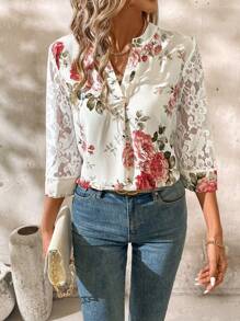 SHEIN Clasi Blusa con cuello en V, manga con encaje y estampado floral para mujeres - Multicolor - Ver 7