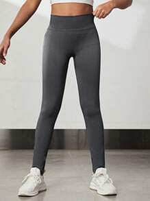 SHEIN Mallas negras elásticas para niñas para deportes, fitness, yoga, suaves y cómodas - Gris Oscuro - Ver 6