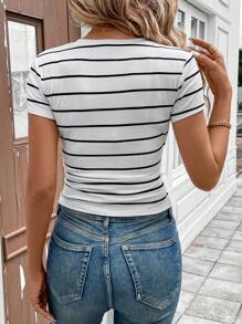 Wildy Athleisure Sport Run Biker Jog Basketball Tracksuit Women's Round Neck Waist Ruched Black & White Striped Casual Comfortable Fitted T-Shirt