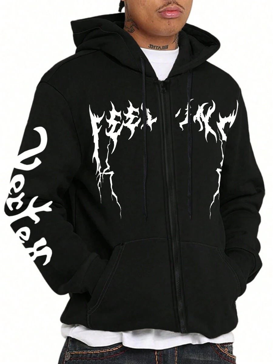 Manfinity LEGND 男士加大尺碼圖案印花連帽衫，帶口袋和拉鍊式閉合，長袖 - 黑色 - 查看 1