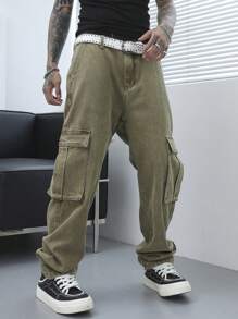 Manfinity EMRG Jeans de mezclilla con cinturón de estilo retro con bolsillos para hombres - Verde Oliva - Ver 1