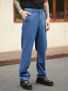 Manfinity Homme Men Vintage Washed Indigo Loose Fit Straight Leg Jeans
