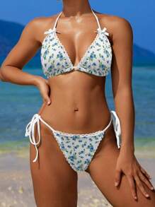 SHEIN Swim 女款夏季海灘花卉印花蝴蝶結裝飾掛脖露背綁帶比基尼套裝，隨機印花 - 藍色 - 查看 4