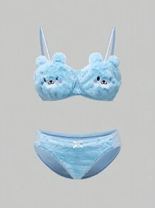 ROMWE Cute Plush Bear Wireless Bra Set, Kawaii - Blue - View 1