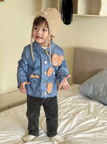 SHEIN Baby Boys Casual Daily Wear Cute 3D Bear Embroidered Outwear, Suitable For Autumn & Winter - Baby Blue - View 6