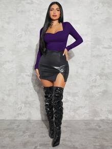 SHEIN SXY Women's Solid Color Minimalist Long Sleeve T-Shirt - Purple - View 4