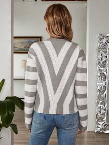 EMERY ROSE 女士 V 领长袖纽扣休闲条纹镂空针织毛衣 - 灰色 - 查看 2