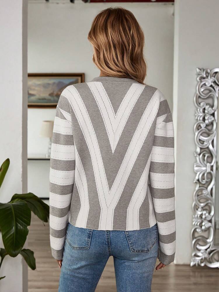 Women V-Neck Long Sleeve Button Casual Striped Hollow Out Knitted Sweater Fall Women Sweaters Fall Outfits