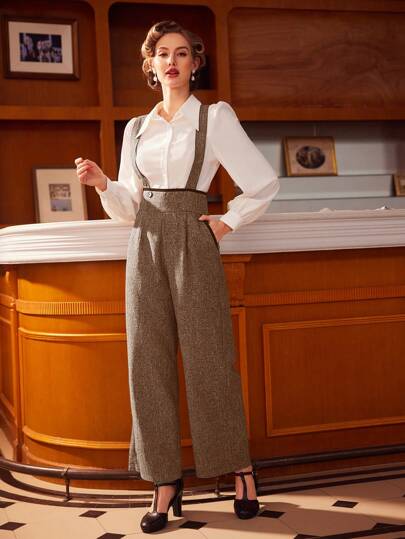 Vintamour 复古优雅女式连体裤双排扣拼色装饰吊带阔腿裤正装裤女式裤套装夏季裤子夏季下装乡村演唱会服装女式裤子灰色连体裤灰色裤子春夏服装秋季女装演唱会女装秋季女教师裤子工作服阔腿女裤商务休闲女式制服裤秋季服装办公室服装栗色宽松女裤棕色