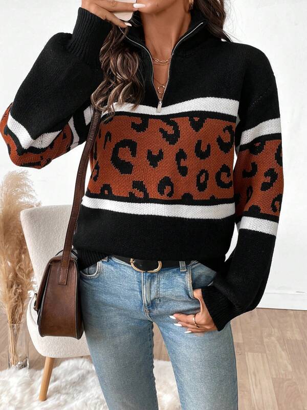 Calvaya Leopard Print Contrast Color Zipper Casual Long Sleeve Sweater