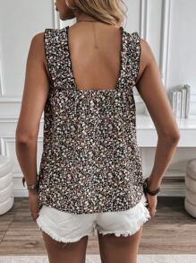 SHEIN LUNE 女士碎花荷叶边粗肩带吊带背心，夏季 - 黑色 - 查看 2