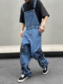 Manfinity Roghcode Men Plain Rapper Graffiti Street Wear Loose Fit Wide Leg Denim Overalls With Letter Print And Pockets For Party - Blue - View 4