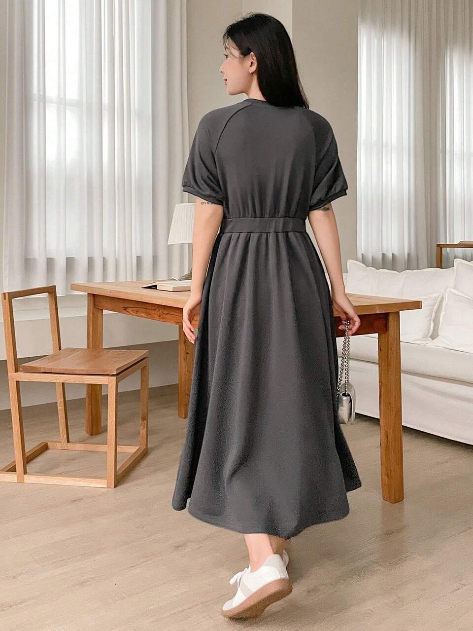 Bow Tie Print Casual Round Neck Dress For Women SunDress