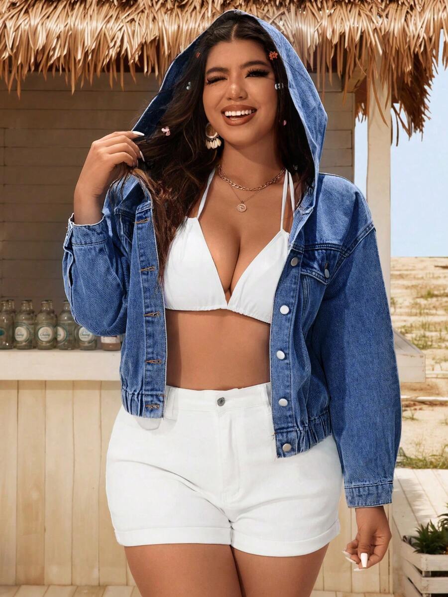 SHEIN LUNE Plus Size Women Simple Solid Color Daily Wear Hooded Long Sleeve Denim Jacket - Dark Wash - View 1