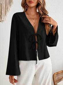 SHEIN VCAY Plus Size Casual Bell Sleeve Tie Waist Shirt, Autumn Resort Wear