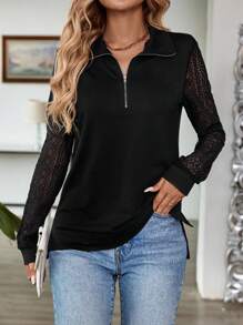 SHEIN LUNE Ladies Zipper Long Sleeve Lace Slim Fit Elegant Elegant Charm Splicing Sweatshirt - Navy Blue - View 1