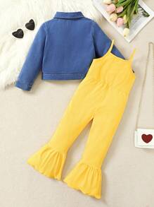 Young Girls' Denim Jacket And Ribbed Jumpsuit 2-Piece Set