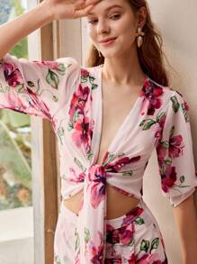 MOTF PREMIUM CHIFFON IN HOA CỔ TAY FLUTTER TAY ÁO CROP TOP - Màu Hồng baby - Xem 8