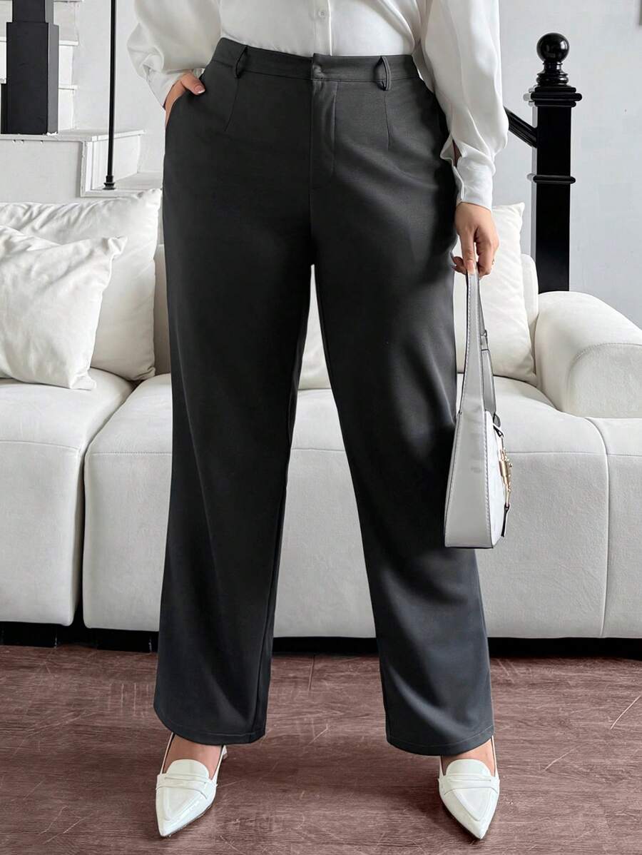 SHEIN Privé Pantalones de vestir formales de oficina de talla grande en color gris oscuro con bolsillos, para ir al trabajo - Gris Oscuro - Ver 1