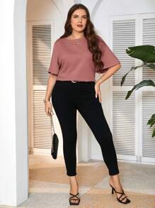 SHEIN Frenchy 大码圆领短袖纯色休闲宽松 T 恤 - 藕粉色 - 查看 3