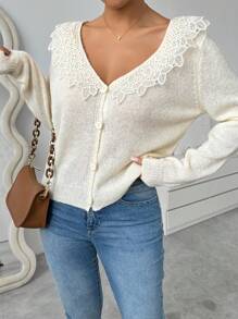 Chiquease Cardigan Polos Lengan Panjang Kancing Depan dengan Hiasan Renda, Pakaian Kasual Sehari-hari - Aprikot - View 6