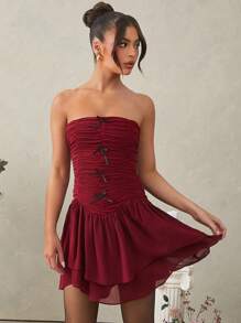 L'Amorae Women's Lace And Chiffon Dress With Ruching, Tiers, And Bows