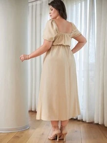 RueChic Plus Puff Sleeve Solid Dress For Summer - Beige - View 2